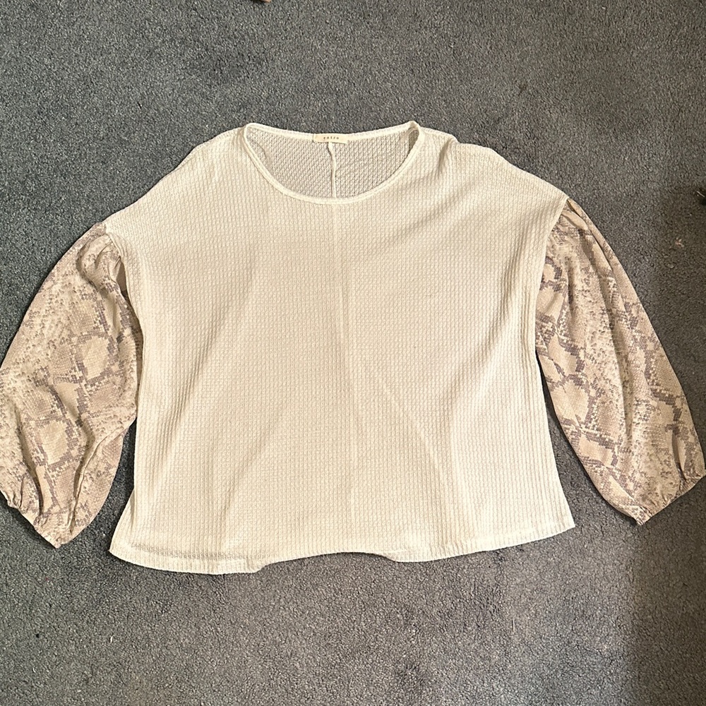 Entro Cream Blouse with Tan Snake Skin Patterned Sleeves